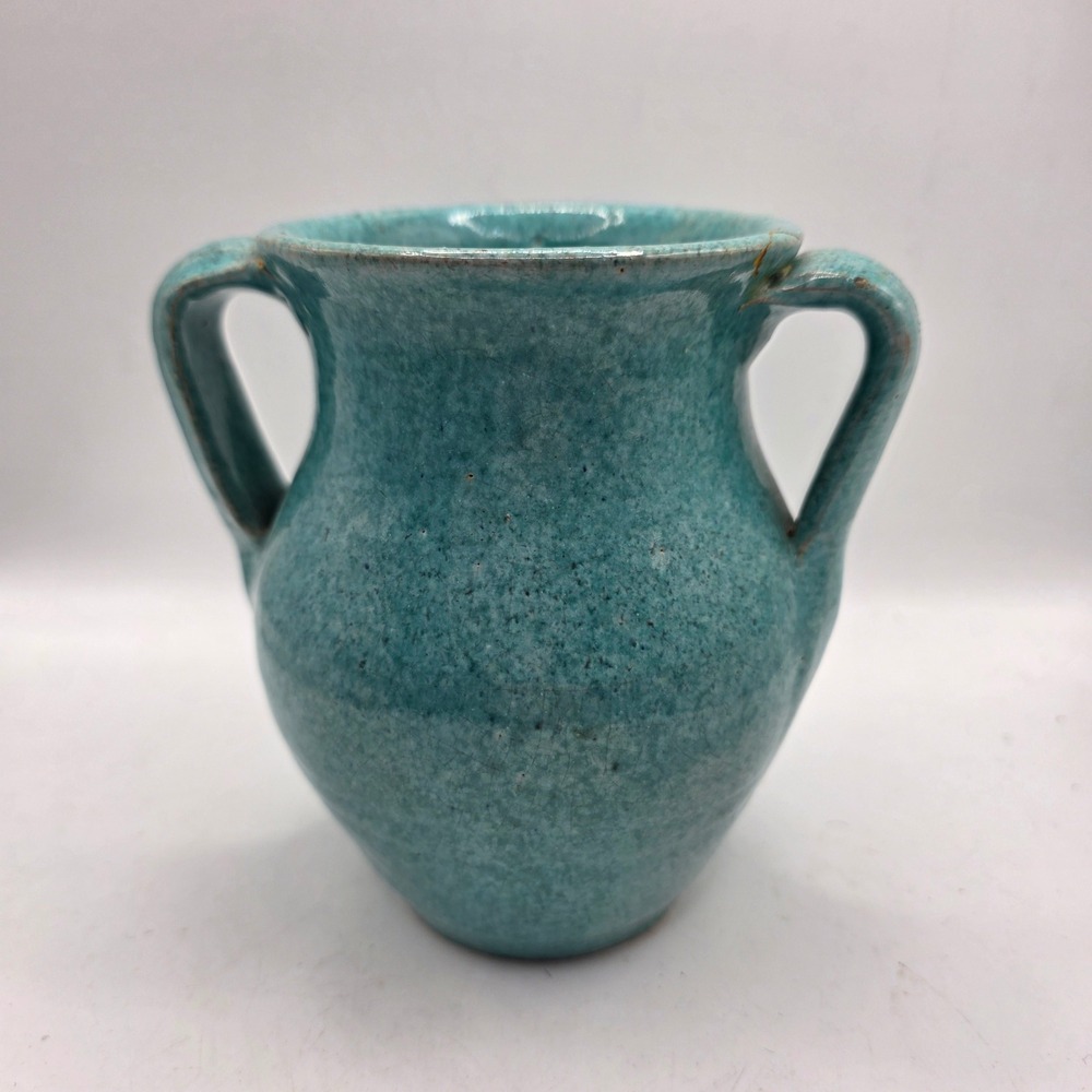 Vintage Monmouth Pottery Turquoise Double Handle Vase Aqua Art Pottery USA